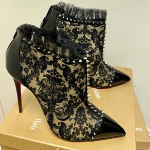 Christian Louboutin Black Piggale 100 floral lace spike stud heel booties